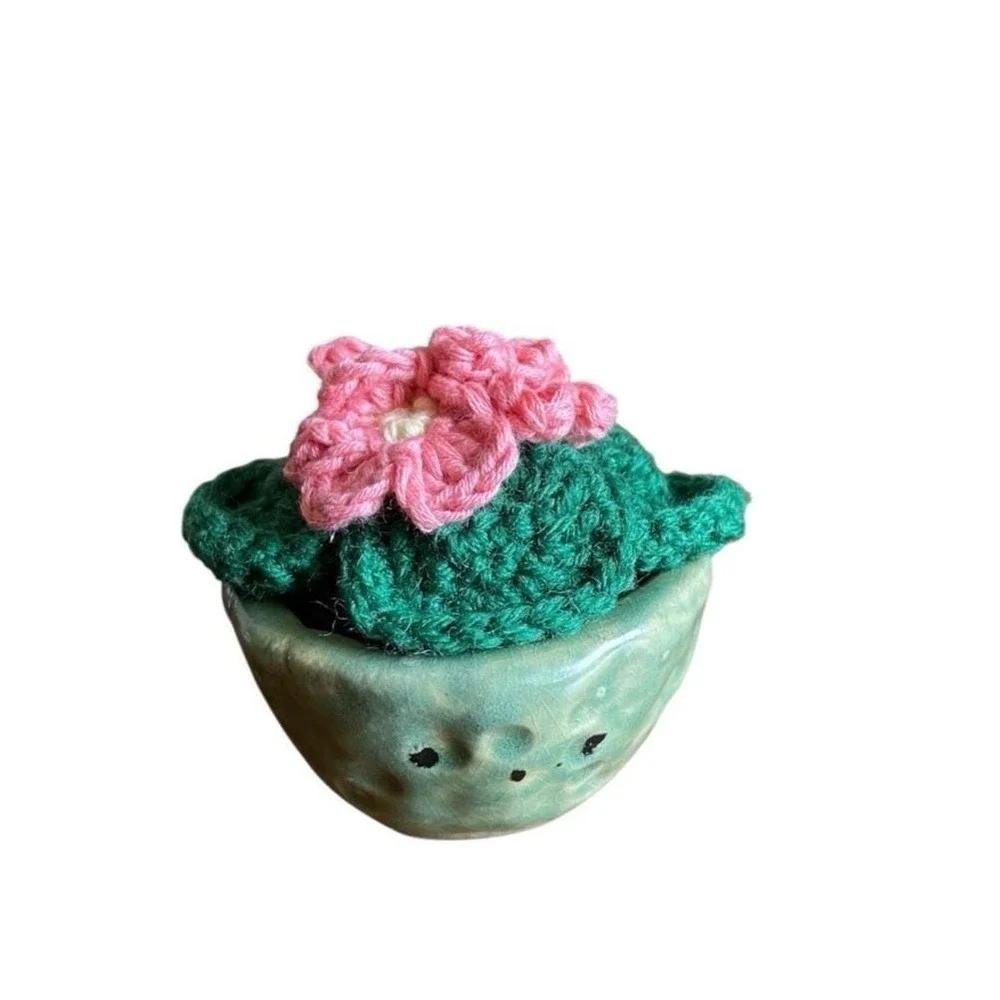 Crochet African Violet in Clay Vase Pink Flowers Handmade Crocheted Plant Decor